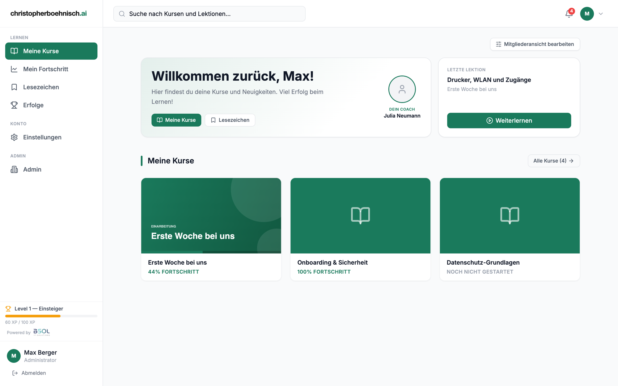 Startseite der Lernplattform mit Kursen und Fortschritt